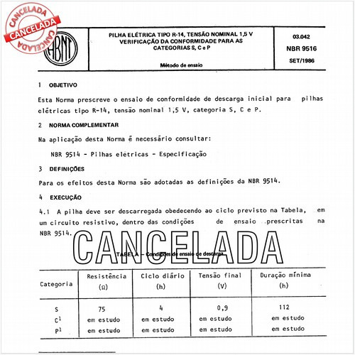 Pilha elétrica tipo R-14, tensão nominal 1,5 V - Verificação da conformidade para as categorias S, C e P
