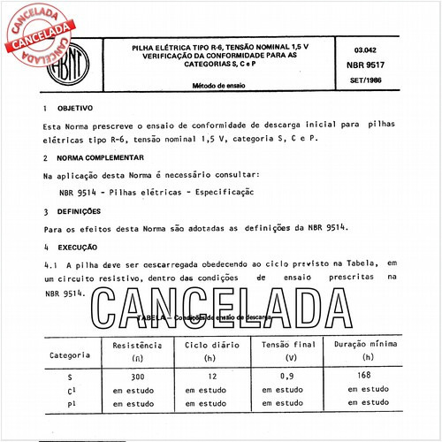 Pilha elétrica tipo R-6, tensão nominal 1,5 V - Verificação da conformidade para as categorias S, C e P