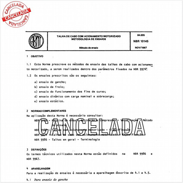 Talha de cabo com acionamento motorizado - Metodologia de ensaios