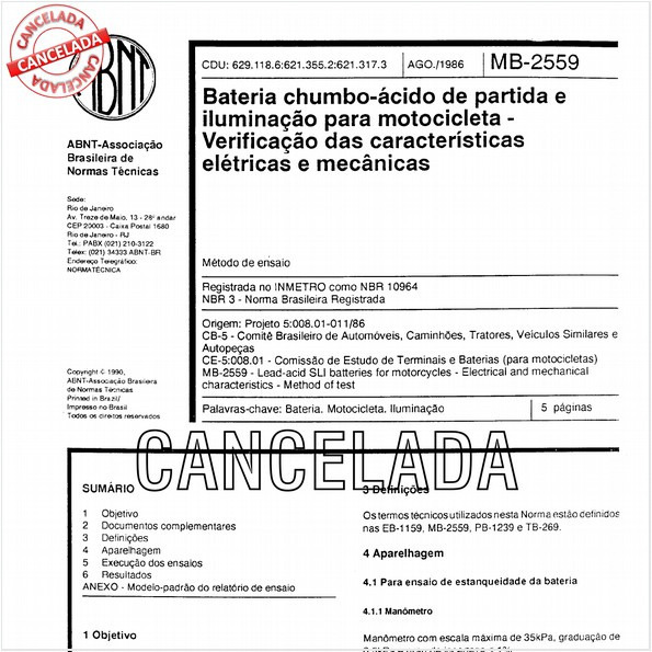 Bateria chumbo-ácido de partida e iluminação para motocicleta - Verificação das características elétricas e mecânicas