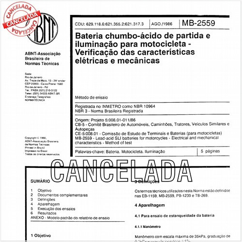 Bateria chumbo-ácido de partida e iluminação para motocicleta - Verificação das características elétricas e mecânicas
