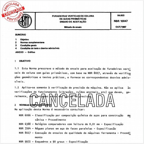 Furadeiras verticais de coluna de guias prismáticas - Ensaio de aceitação