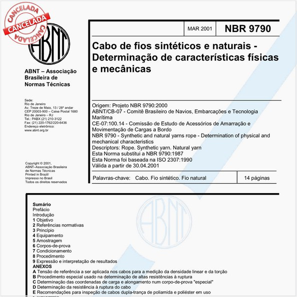Cabo de fios sintéticos e naturais - Determinação de características físicas e mecânicas