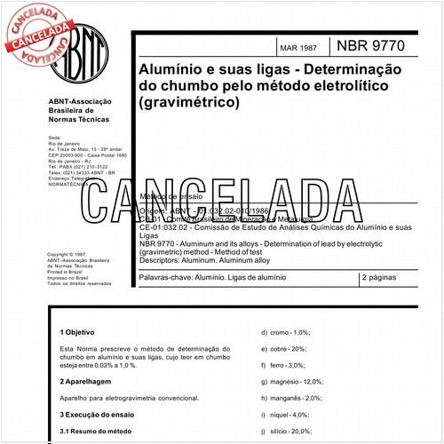 Alumínio e suas ligas - Determinação do chumbo pelo método eletrolítico (gravimétrico)