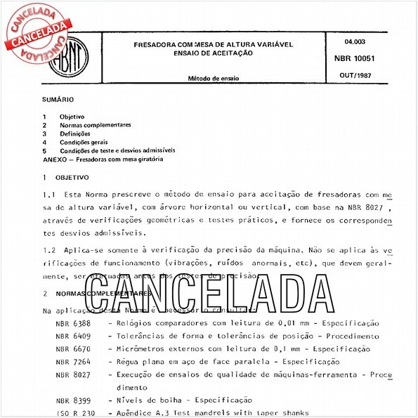 Fresadora com mesa de altura variável - Ensaio de aceitação
