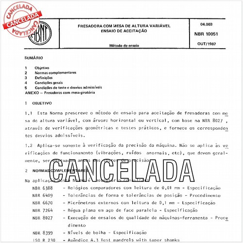 Fresadora com mesa de altura variável - Ensaio de aceitação