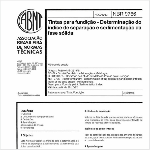 Tintas para fundição - Determinação do índice de separação e sedimentação da fase sólida - Método de ensaio