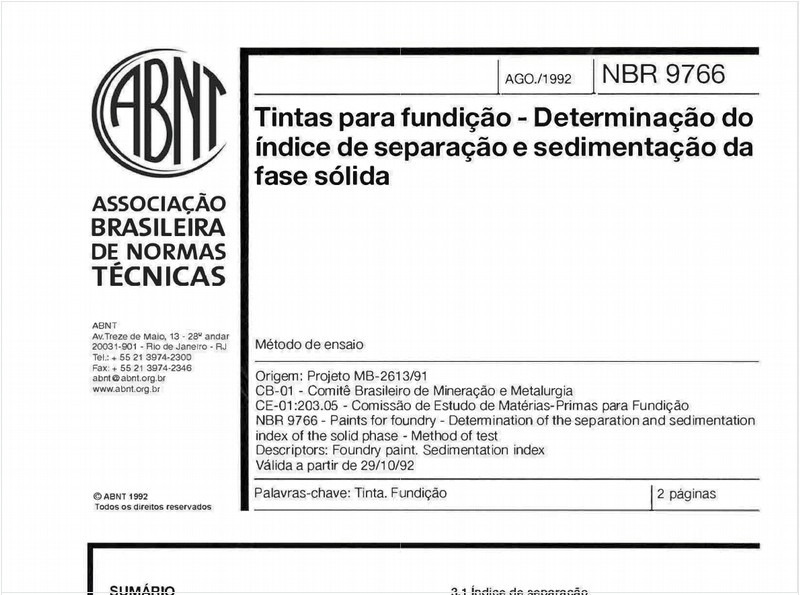 Tintas para fundição - Determinação do índice de separação e sedimentação da fase sólida - Método de ensaio