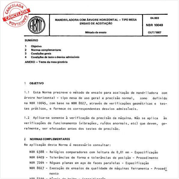 Mandriladora com árvore horizontal - Tipo mesa - Ensaio de aceitação