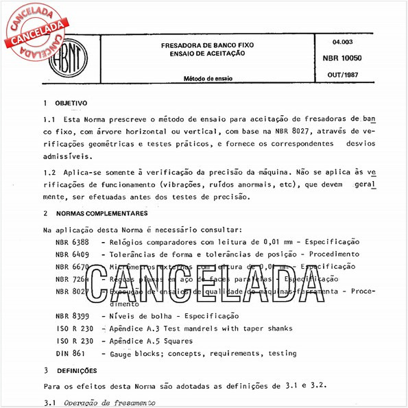 Fresadora de banco fixo - Ensaio de aceitação