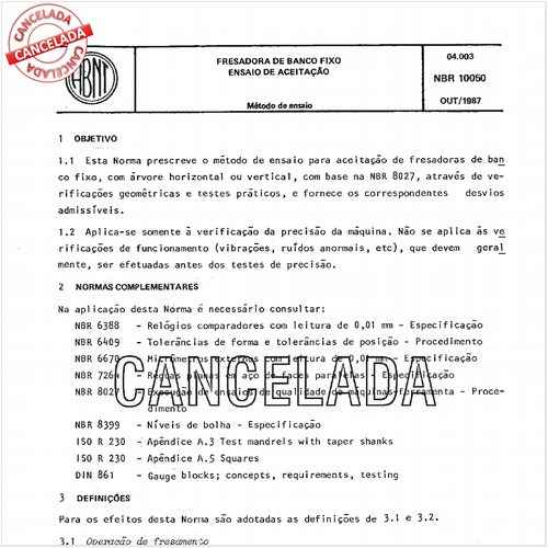 Fresadora de banco fixo - Ensaio de aceitação