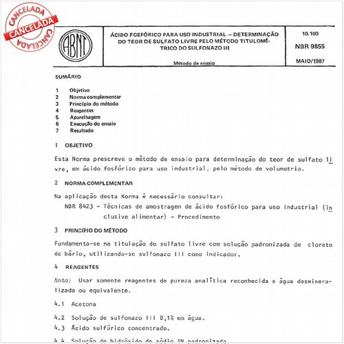 Acido fosfórico para uso industrial - Determinação do teor de sulfato livre pelo método titulométrico do sulfonazo III