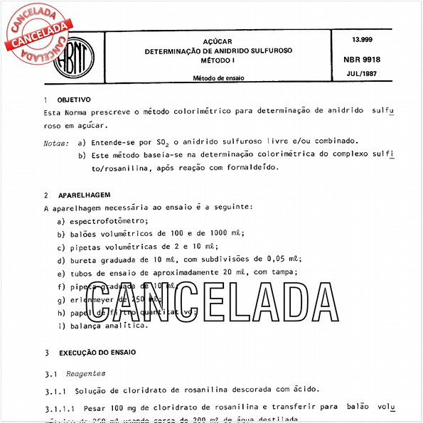 Açúcar - Determinação de anidrido sulfuroso - Método I
