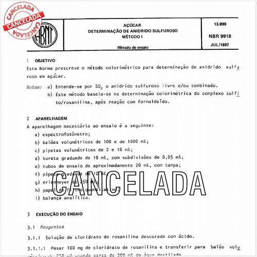Açúcar - Determinação de anidrido sulfuroso - Método I