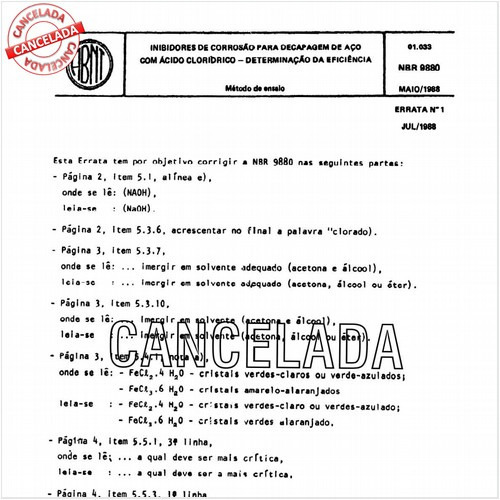 Inibidores de corrosão para decapagem de aço com ácido clorídrico - Determinação da eficiência