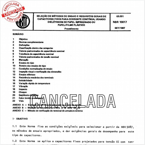 Seleção de métodos de ensaio e requisitos gerais de capacitores fixos para corrente contínua, usando dielétricos de papel impregnado ou papel/filme plástico