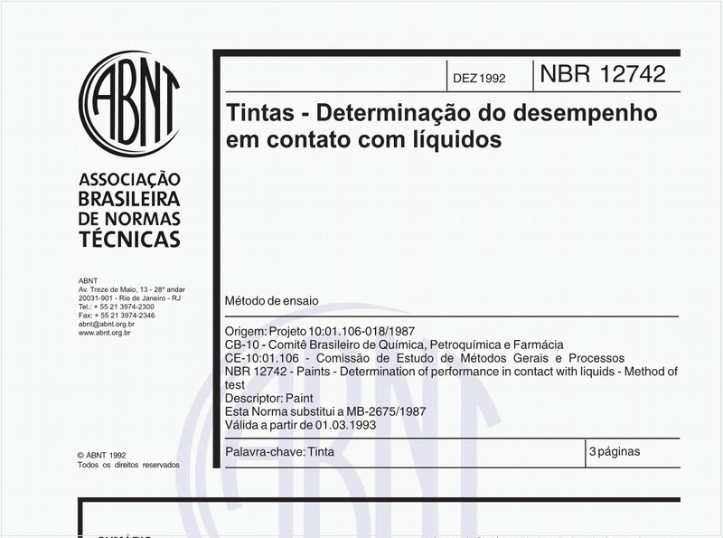 Tintas - Determinação do desempenho em contato com líquidos - Método de ensaio