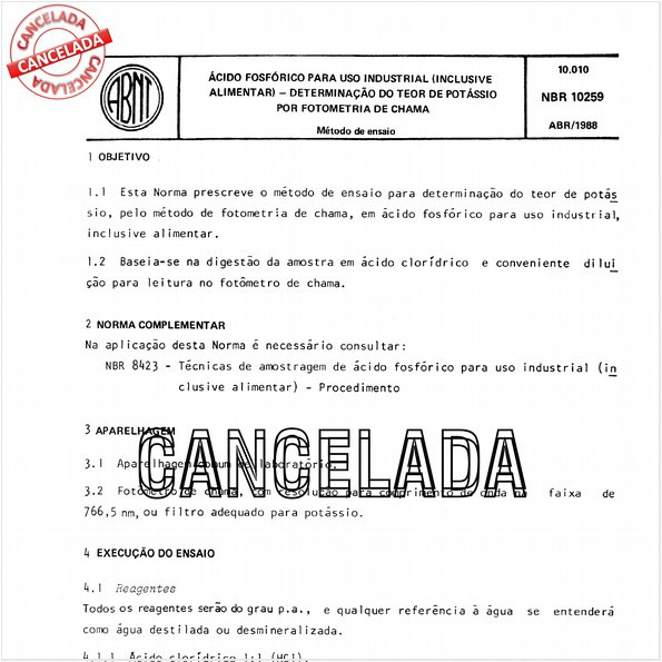 Acido fosfórico para uso industrial (inclusive alimentar) - Determinação do teor de potássio por fotometria de chama