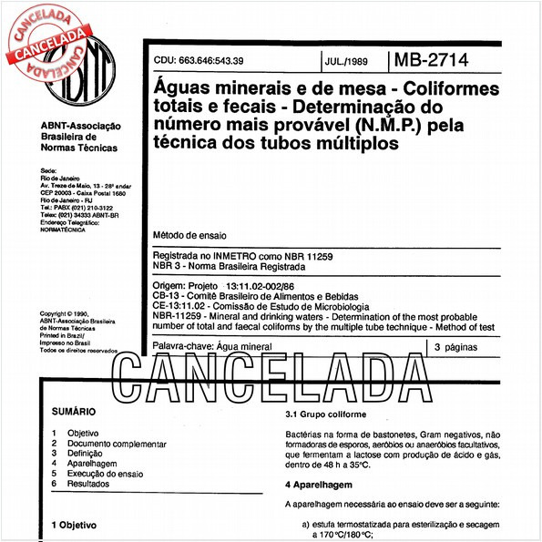 Aguas minerais e de mesa - Coliformes totais e fecais - Determinação do número mais provável (N.M.P) pela técnica dos tubos múltiplos