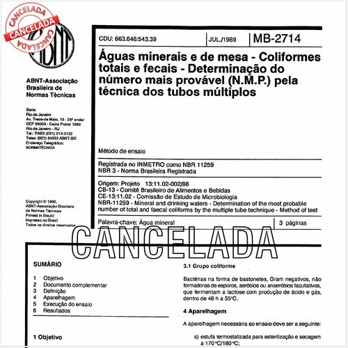 Aguas minerais e de mesa - Coliformes totais e fecais - Determinação do número mais provável (N.M.P) pela técnica dos tubos múltiplos