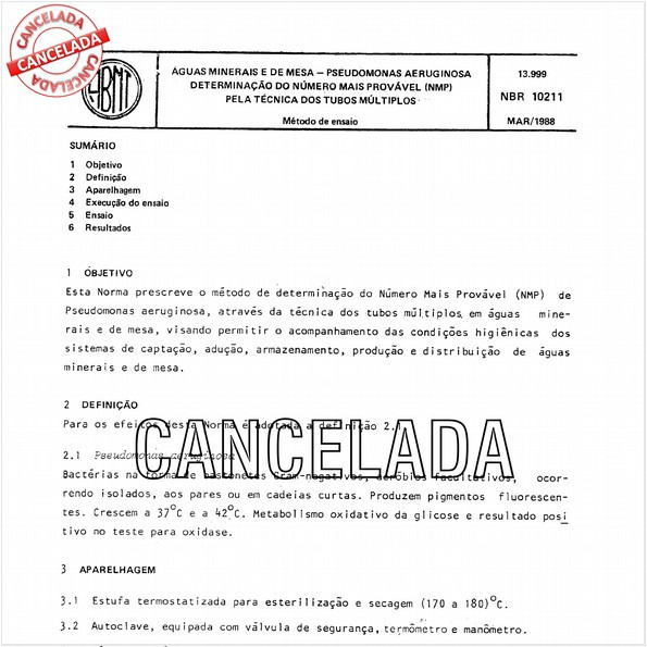 Aguas minerais e de mesa - Pseudomonas aeruginosa - Determinação do número mais provável (NMP) pela técnica dos tubos múltiplos