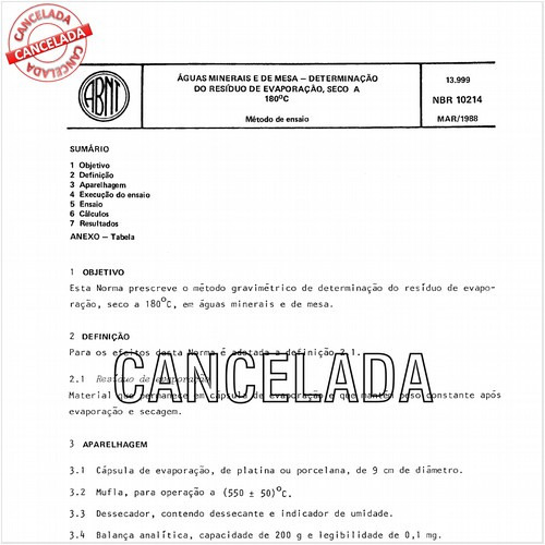 Aguas minerais e de mesa - Determinação do resíduo de evaporação, seco a 180 graus Celsius