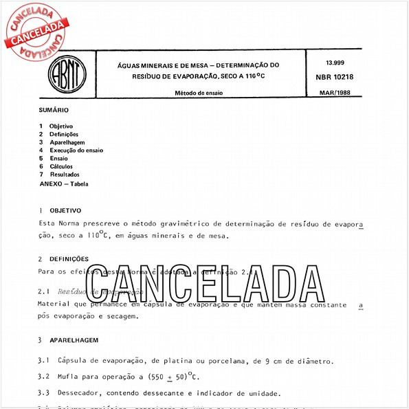Aguas minerais e de mesa - Determinação do resíduo de evaporação, seco a 110 graus Celsius