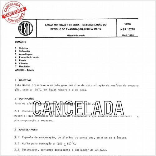 Aguas minerais e de mesa - Determinação do resíduo de evaporação, seco a 110 graus Celsius