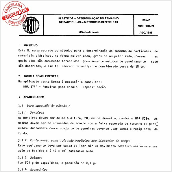 Plásticos - Determinação do tamanho de partículas - Métodos das peneiras