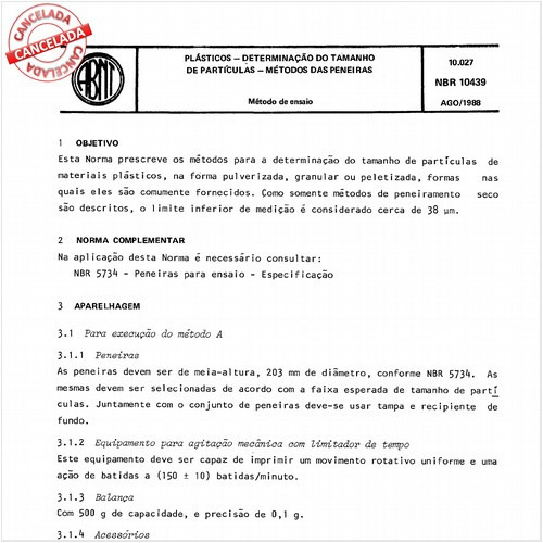 Plásticos - Determinação do tamanho de partículas - Métodos das peneiras