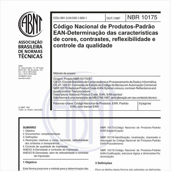 Código Nacional de Produtos - Padrão EAN - Determinação das características de cores, contrastes, reflexibilidade e controle da qualidade
