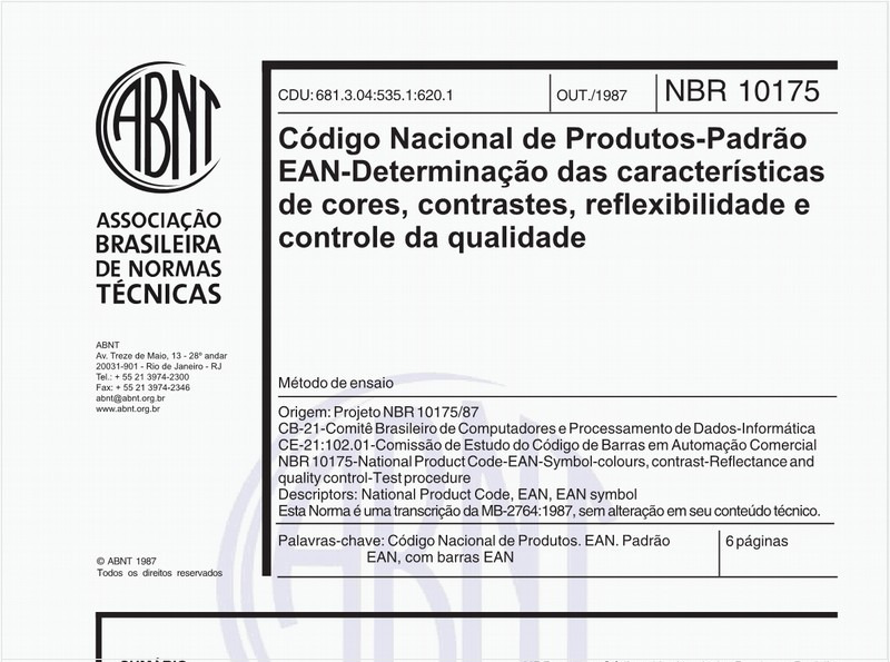 Código Nacional de Produtos - Padrão EAN - Determinação das características de cores, contrastes, reflexibilidade e controle da qualidade