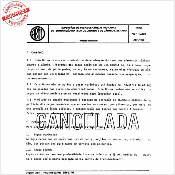 Superfície de peças cerâmicas vidradas - Determinação do teor de chumbo e de cádmio liberado