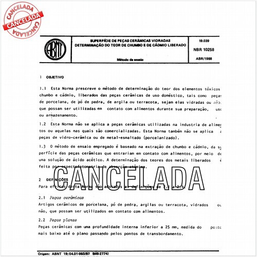 Superfície de peças cerâmicas vidradas - Determinação do teor de chumbo e de cádmio liberado