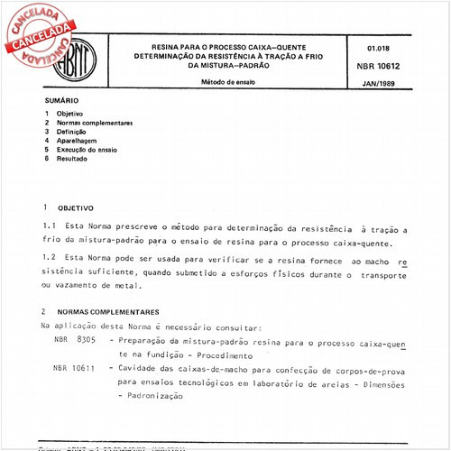 Resina para o processo caixa-quente - Determinação da resistência à tração a frio da mistura-padrão