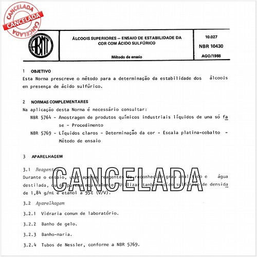 Alcoois superiores - Ensaio de estabilidade da cor com ácido sulfúrico