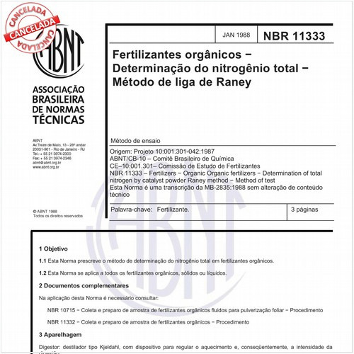 Fertilizantes orgânicos - Determinação do nitrogênio total - Método de liga de Raney