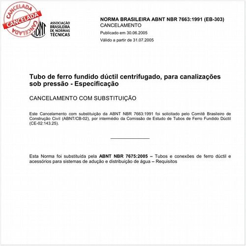Tubo de ferro fundido dúctil centrifugado, para canalizações sob pressão 