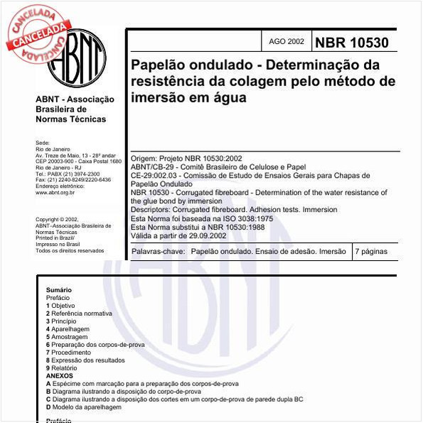 Papelão ondulado - Determinação da resistência da colagem pelo método de imersão em água