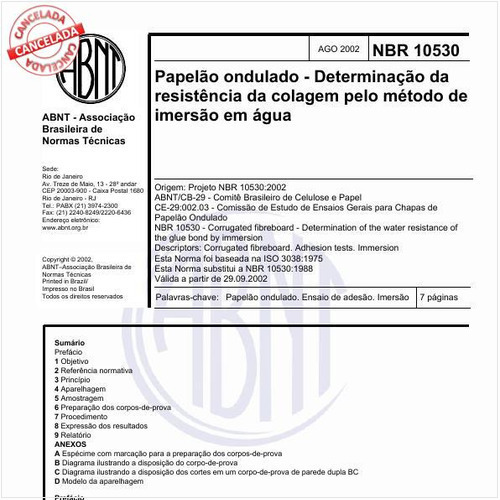 Papelão ondulado - Determinação da resistência da colagem pelo método de imersão em água