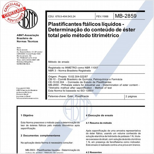 Plastificantes ftálicos líquidos - Determinação do conteúdo de éster total pelo método titrimétrico