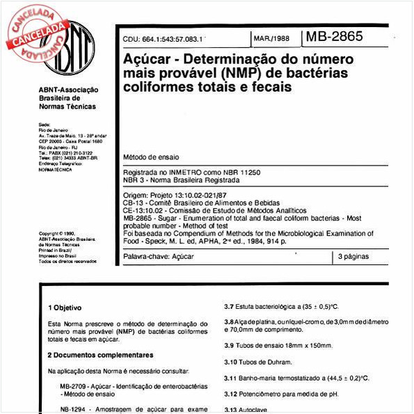 Açúcar - Determinação do número mais provável (NMP) de bactérias coliformes totais e fecais