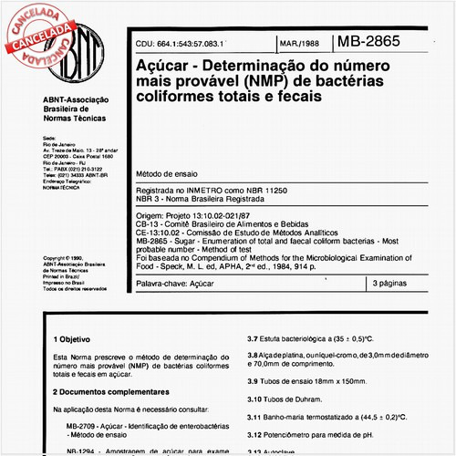 Açúcar - Determinação do número mais provável (NMP) de bactérias coliformes totais e fecais