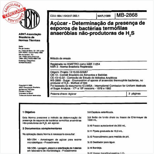 Açúcar - Determinação da presença de esporos de bactérias termófilas anaeróbias não-produtoras de H2S