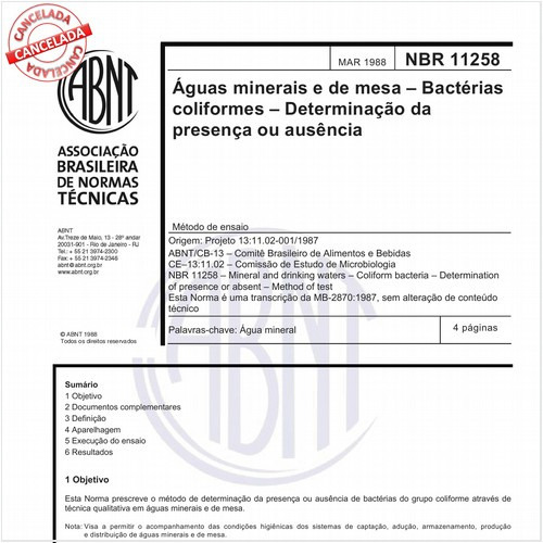 Aguas minerais e de mesa - Bactérias coliformes - Determinação da presença ou ausência