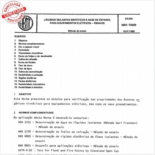 Líquidos isolantes sintéticos à base de ésteres, para equipamentos elétricos - Ensaios