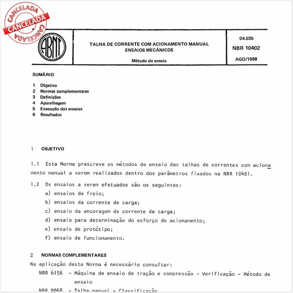 Talha de corrente com acionamento manual - Ensaios mecânicos