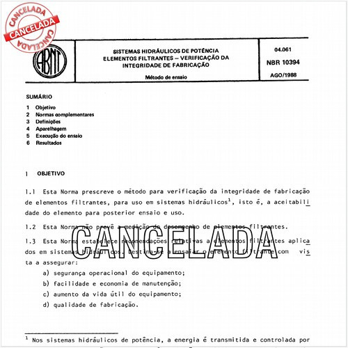 Sistemas hidráulicos de potência - Elementos filtrantes - Verificação da integridade de fabricação