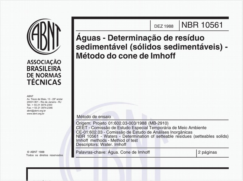 Águas - Determinação de resíduo sedimentável (sólidos sedimentáveis) - Método do cone de Imhoff - Método de ensaio