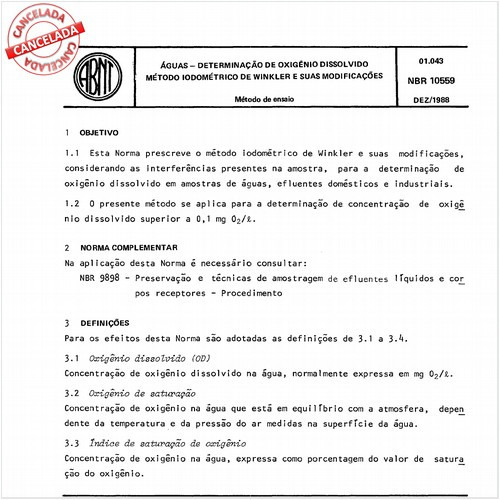 Aguas - Determinação de oxigênio dissolvido - Método iodométrico de winkler e suas modificações